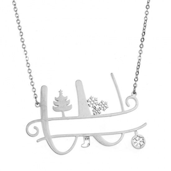 Bild von 1 Strang 304 Edelstahl Gliederkette Kette Halskette Platin Plattiert Weihnachten Weihnachtsbaum Schneeflocke Message " W " Hohl 43cm lang