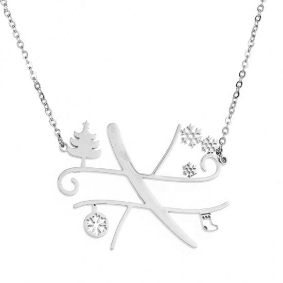 Bild von 1 Strang 304 Edelstahl Gliederkette Kette Halskette Platin Plattiert Weihnachten Weihnachtsbaum Schneeflocke Message " X " Hohl 43.5cm lang
