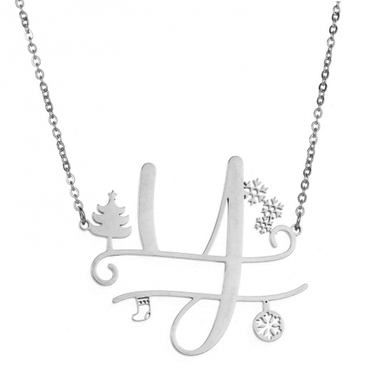 Bild von 1 Strang 304 Edelstahl Gliederkette Kette Halskette Platin Plattiert Weihnachten Weihnachtsbaum Schneeflocke Message " Y " Hohl 43.5cm lang