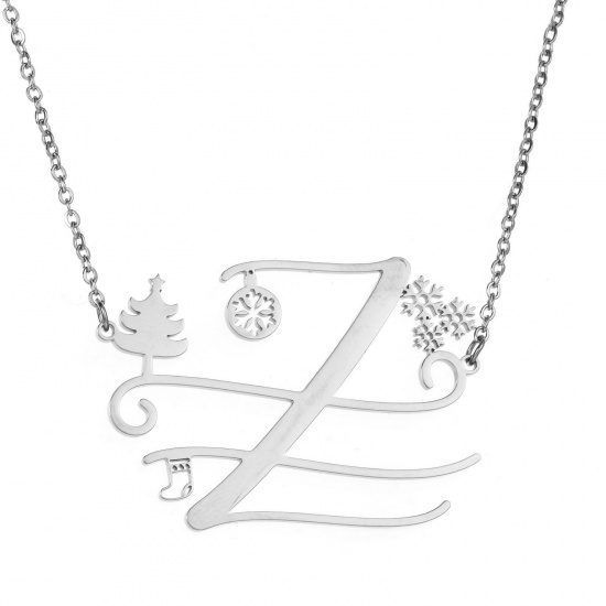 Bild von 1 Strang 304 Edelstahl Gliederkette Kette Halskette Platin Plattiert Weihnachten Weihnachtsbaum Schneeflocke Message " Z " Hohl 43.5cm lang