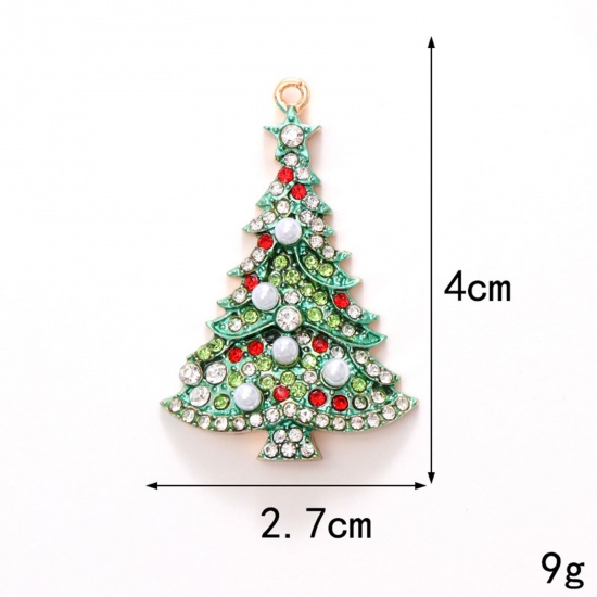 Immagine di 1 Pz Lega di Zinco Natale Ciondoli KC Placcato Oro Albero di Natale Multicolore Strass Smalto 4cm x 2.7cm