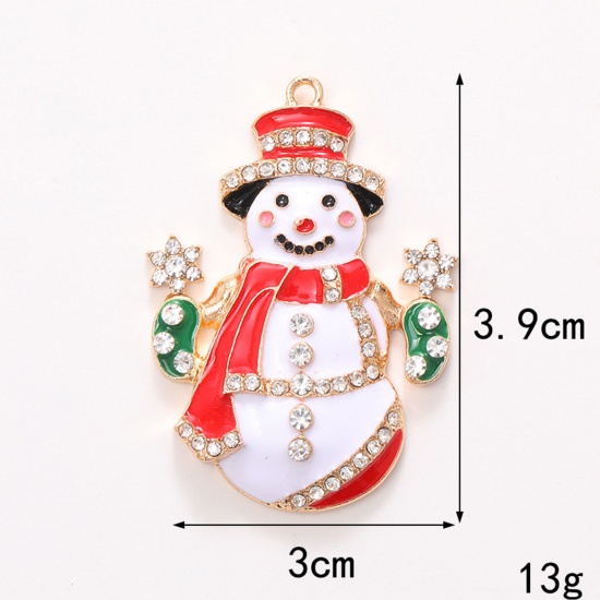 Immagine di 1 Pz Lega di Zinco Natale Ciondoli KC Placcato Oro Rosso & Verde Pupazzo Natale Trasparente Strass Smalto 3.9cm x 3cm