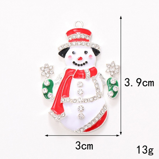 Immagine di 1 Pz Lega di Zinco Natale Ciondoli Argento Placcato Rosso & Verde Pupazzo Natale Trasparente Strass Smalto 3.9cm x 3cm