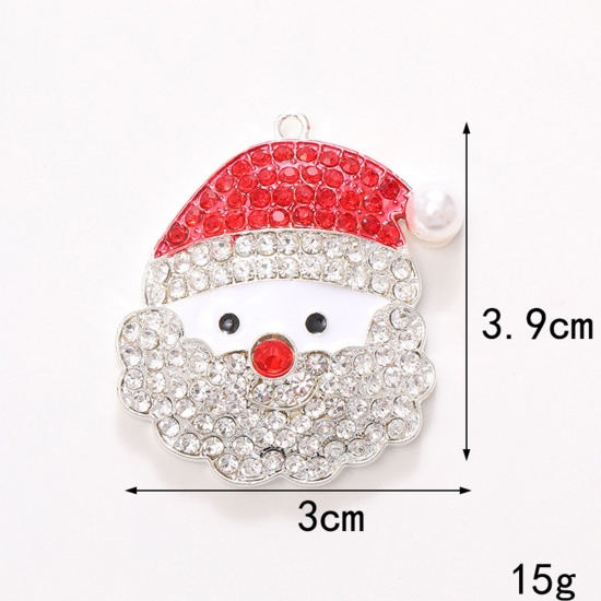 Immagine di 1 Pz Lega di Zinco Natale Ciondoli Argento Placcato Bianco Babbo Natale Trasparente & Rosso Strass Smalto 3.9cm x 3cm