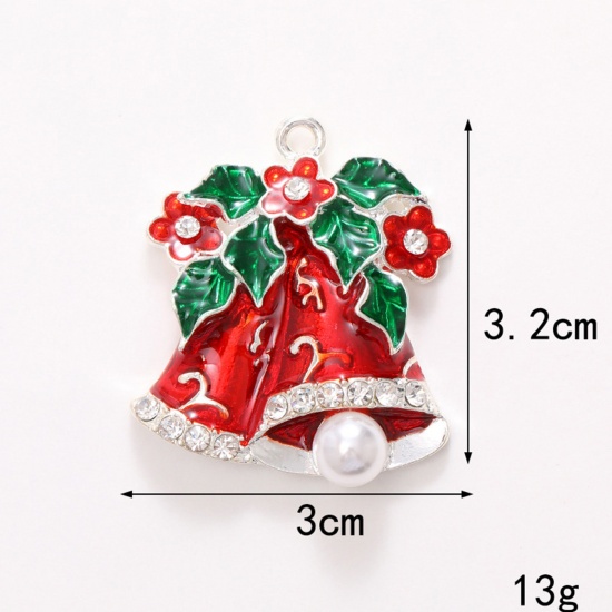 Immagine di 1 Pz Lega di Zinco Natale Ciondoli Argento Placcato Rosso & Verde Campana Trasparente Strass Smalto 3.2cm x 3cm