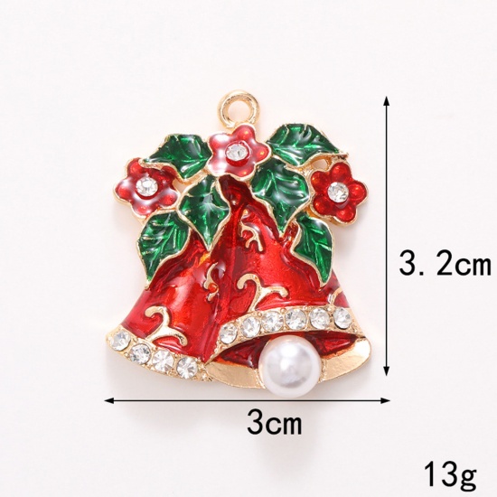 Immagine di 1 Pz Lega di Zinco Natale Ciondoli KC Placcato Oro Rosso & Verde Campana Trasparente Strass Smalto 3.2cm x 3cm