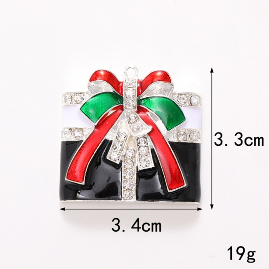 Immagine di 1 Pz Lega di Zinco Natale Ciondoli Argento Placcato Rosso & Verde Scatola per Regalo Trasparente Strass Smalto 3.4cm x 3cm