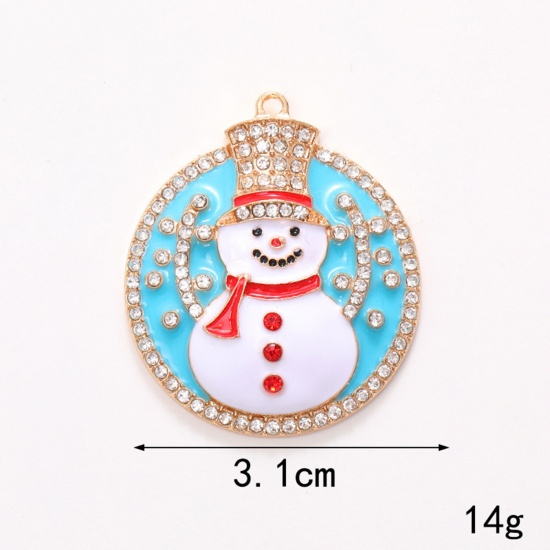 Immagine di 1 Pz Lega di Zinco Natale Ciondoli KC Placcato Oro Multicolore Tondo Fantoccio di Neve Trasparente Strass Smalto 3.1cm Dia