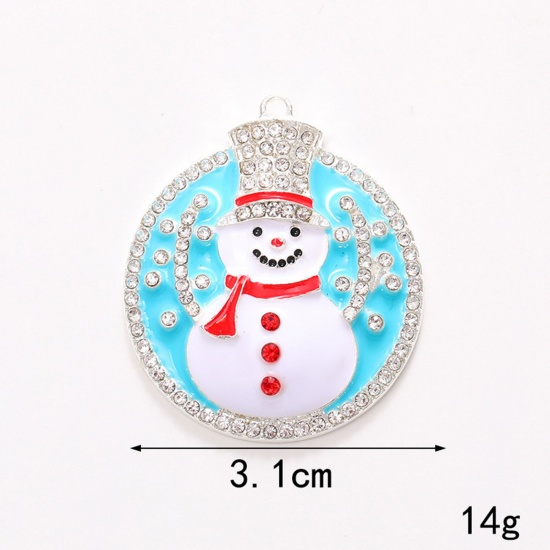 Immagine di 1 Pz Lega di Zinco Natale Ciondoli Argento Placcato Multicolore Tondo Fantoccio di Neve Trasparente Strass Smalto 3.1cm Dia