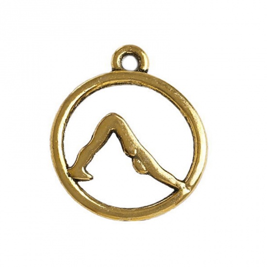 Picture of 20 PCs Zinc Based Alloy Religious Charms Gold Tone Antique Gold Yoga Hollow 19mm x 16mm