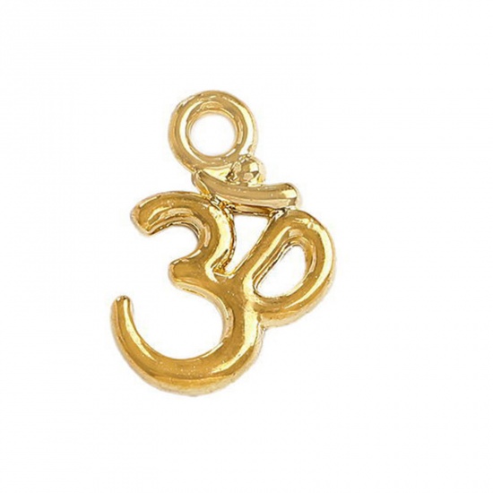 Picture of 20 PCs Zinc Based Alloy Religious Charms Gold Plated Yoga OM/ Aum Symbol Hollow 15.5mm x 10.5mm