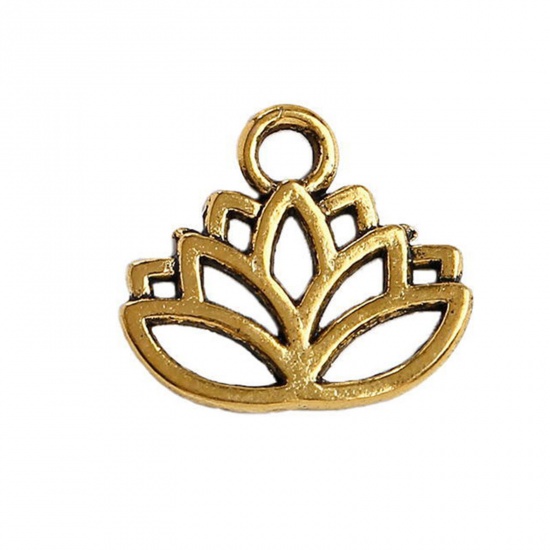 Picture of 20 PCs Zinc Based Alloy Religious Charms Gold Tone Antique Gold Yoga Lotus Flower Hollow 16.5mm x 15mm