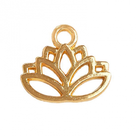 Picture of 20 PCs Zinc Based Alloy Religious Charms Gold Plated Yoga Lotus Flower Hollow 16.5mm x 15mm