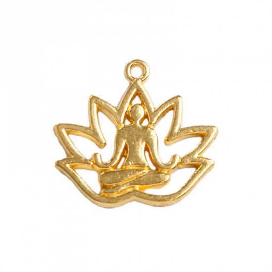 Picture of 20 PCs Zinc Based Alloy Religious Charms Gold Plated Yoga Lotus Flower Hollow 18mm x 16.5mm