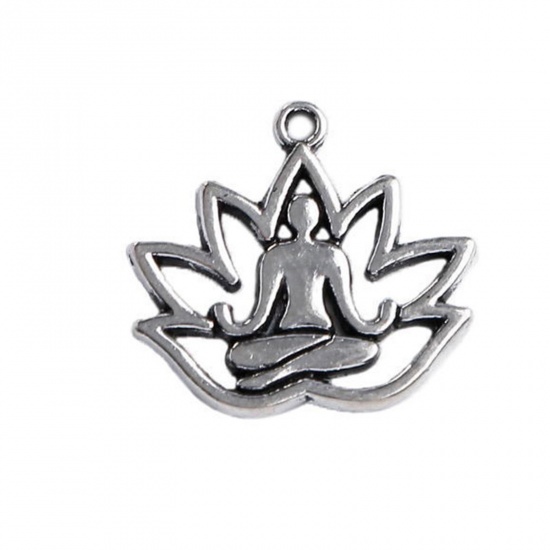 Picture of 20 PCs Zinc Based Alloy Religious Charms Antique Silver Color Yoga Lotus Flower Hollow 18mm x 16.5mm