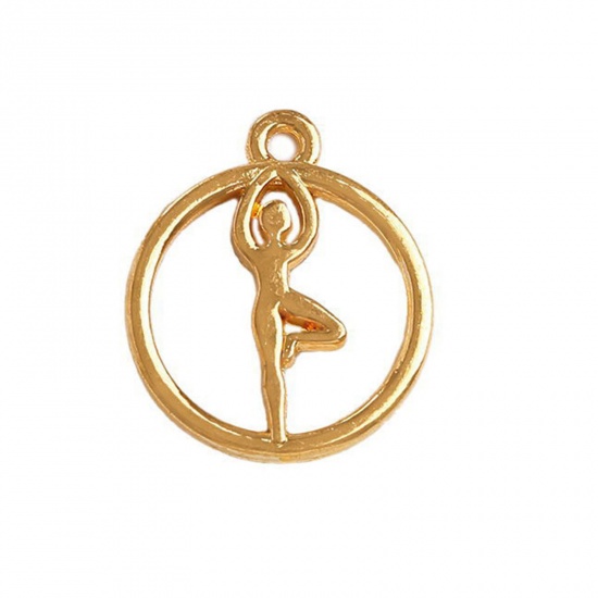 Picture of 20 PCs Zinc Based Alloy Religious Charms Gold Plated Yoga Hollow 19mm x 16mm