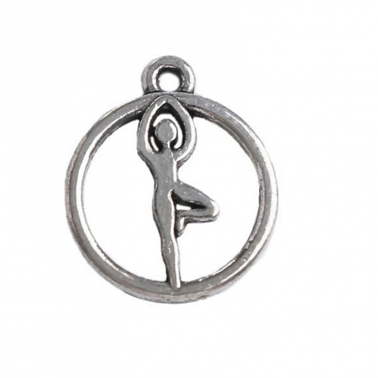 Picture of 20 PCs Zinc Based Alloy Religious Charms Antique Silver Color Yoga Hollow 19mm x 16mm