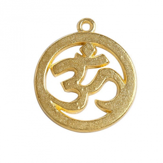 Picture of 20 PCs Zinc Based Alloy Religious Charms Gold Plated Yoga OM/ Aum Symbol Hollow 29mm x 25.5mm
