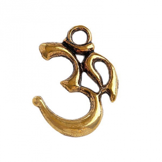Picture of 20 PCs Zinc Based Alloy Religious Charms Gold Tone Antique Gold Yoga OM/ Aum Symbol Hollow 28.5mm x 20mm