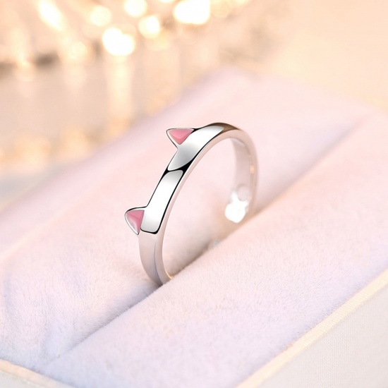 Picture of 1 Piece Brass Cute Open Adjustable Rings Cat's Ears Pink 17mm(US Size 6.5)                                                                                                                                                                                    