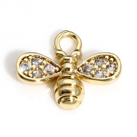 Picture of 1 Piece Brass Insect Charms 18K Real Gold Plated Bee Animal Micro Pave Clear Cubic Zirconia 10mm x 9mm