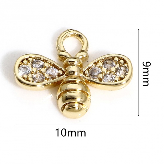 Picture of 1 Piece Brass Insect Charms 18K Real Gold Plated Bee Animal Micro Pave Clear Cubic Zirconia 10mm x 9mm