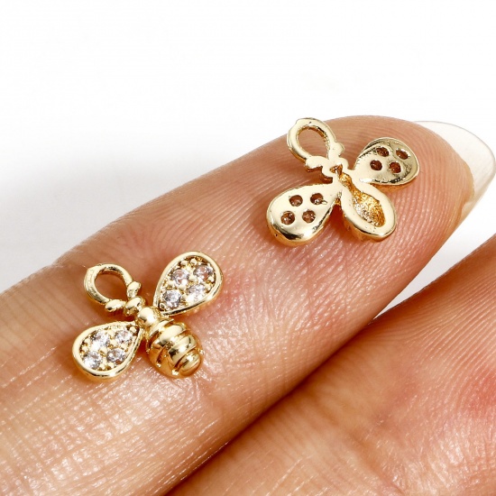 Picture of 1 Piece Brass Insect Charms 18K Real Gold Plated Bee Animal Micro Pave Clear Cubic Zirconia 10mm x 9mm