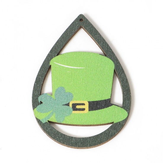 Picture of 10 PCs Wood St Patrick's Day Pendants Green Drop Hat 5.8cm x 4.1cm