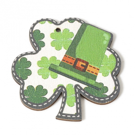 Picture of 10 PCs Wood St Patrick's Day Pendants Green Leaf Clover Hat 5cm x 5cm