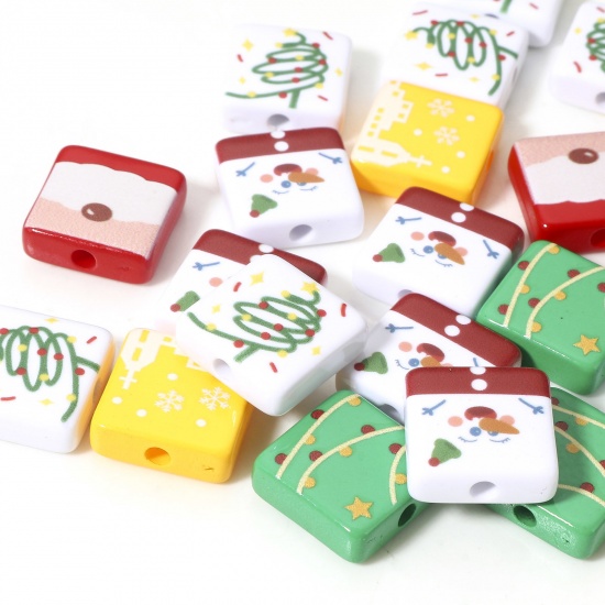 Bild von 10 Stück Acryl Perlen für die Herstellung von DIY-Charme-Schmuck Zufällig Gemischte Farben Quadrat Weihnachten Weihnachtsbaum ca. 16mm x 16mm, Loch:ca. 2.6mm