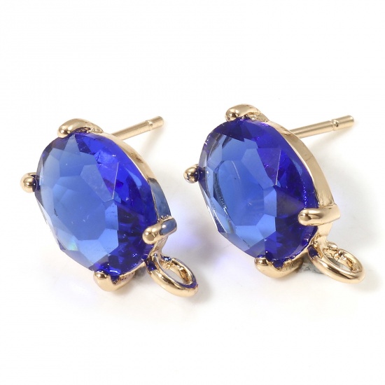 Picture of 2 PCs Brass & Glass Ear Post Stud Earrings Gold Plated Oval Royal Blue Rhinestone With Loop 14x8mm - 12x8mm, Post/ Wire Size: (21 gauge)                                                                                                                      