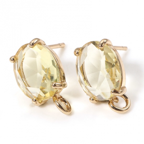 Picture of 2 PCs Brass & Glass Ear Post Stud Earrings Gold Plated Oval Yellow Rhinestone With Loop 14x8mm - 12x8mm, Post/ Wire Size: (21 gauge)                                                                                                                          