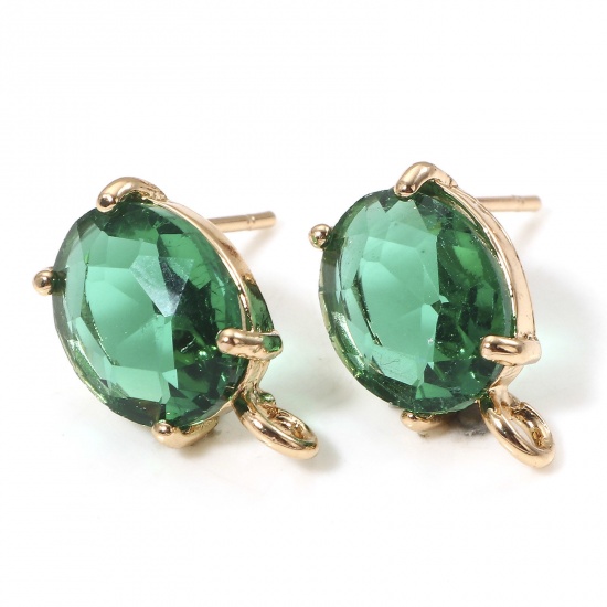 Picture of 2 PCs Brass & Glass Ear Post Stud Earrings Gold Plated Oval Green Rhinestone With Loop 14x8mm - 12x8mm, Post/ Wire Size: (21 gauge)                                                                                                                           