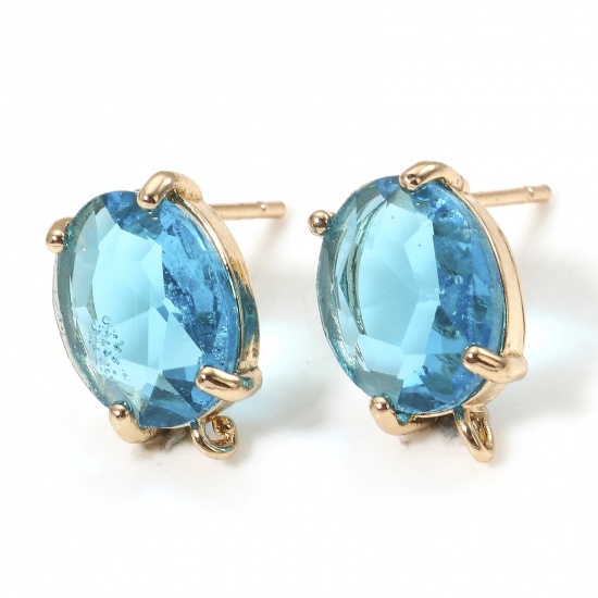 Picture of 2 PCs Brass & Glass Ear Post Stud Earrings Gold Plated Oval Peacock Blue Rhinestone With Loop 14x8mm - 12x8mm, Post/ Wire Size: (21 gauge)                                                                                                                    