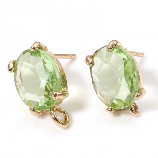 Picture of 2 PCs Brass & Glass Ear Post Stud Earrings Gold Plated Oval Green Rhinestone With Loop 14x8mm - 12x8mm, Post/ Wire Size: (21 gauge)                                                                                                                           