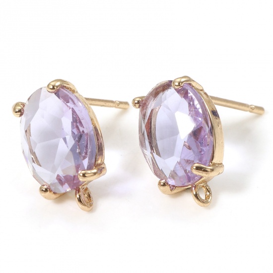 Picture of 2 PCs Brass & Glass Ear Post Stud Earrings Gold Plated Oval Purple Rhinestone With Loop 14x8mm - 12x8mm, Post/ Wire Size: (21 gauge)                                                                                                                          