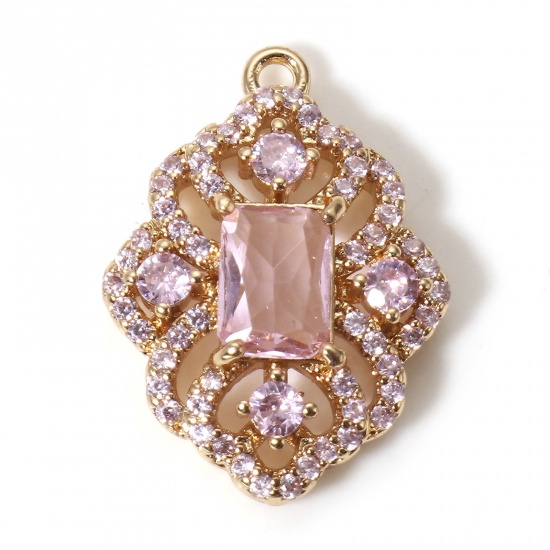 Picture of 1 Piece Brass Style Of Royal Court Character Charms Gold Plated Rhombus Filigree With Glass Cabochons Pink Rhinestone 22mm x 16mm                                                                                                                             