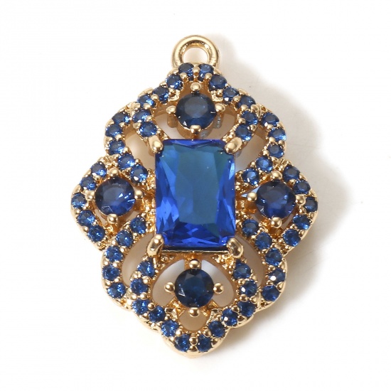 Picture of 1 Piece Brass Style Of Royal Court Character Charms Gold Plated Rhombus Filigree With Glass Cabochons Peacock Blue Rhinestone 22mm x 16mm                                                                                                                     