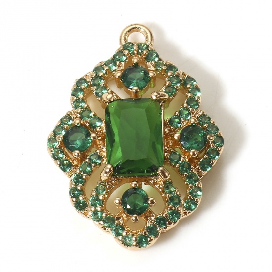 Picture of 1 Piece Brass Style Of Royal Court Character Charms Gold Plated Rhombus Filigree With Glass Cabochons Emerald Rhinestone 22mm x 16mm                                                                                                                          