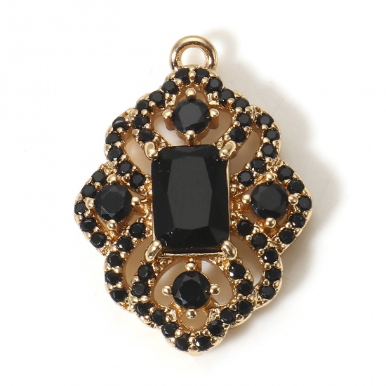 Picture of 1 Piece Brass Style Of Royal Court Character Charms Gold Plated Rhombus Filigree With Glass Cabochons Black Rhinestone 22mm x 16mm                                                                                                                            