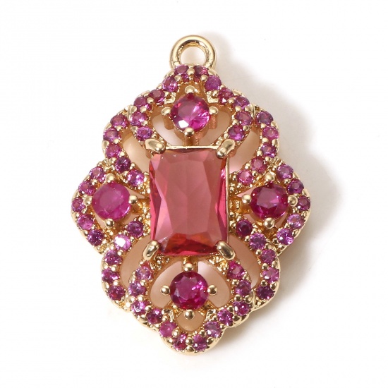 Picture of 1 Piece Brass Style Of Royal Court Character Charms Gold Plated Rhombus Filigree With Glass Cabochons Fuchsia Rhinestone 22mm x 16mm                                                                                                                          