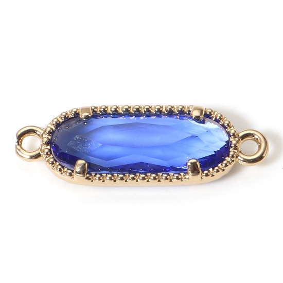 Picture of 5 PCs Brass Connectors Charms Pendants Gold Plated Royal Blue Oval With Glass Cabochons 22mm x 7mm                                                                                                                                                            