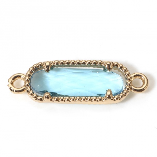 Picture of 5 PCs Brass Connectors Charms Pendants Gold Plated Lake Blue Oval With Glass Cabochons 22mm x 7mm                                                                                                                                                             