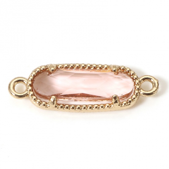 Picture of 5 PCs Brass Connectors Charms Pendants Gold Plated Light Pink Oval With Glass Cabochons 22mm x 7mm                                                                                                                                                            