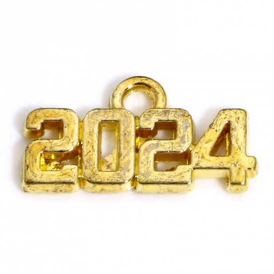 Immagine di 20 Pz Lega di Zinco Anno Charms Oro Placcato Lettere " 2024 " 16mm x 9mm