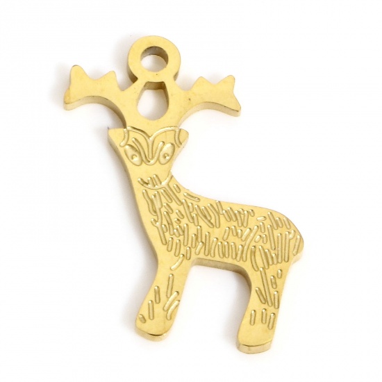 Picture of 1 Piece Eco-friendly Vacuum Plating 304 Stainless Steel Stylish Charms Gold Plated Christmas Reindeer 15.5mm x 12mm