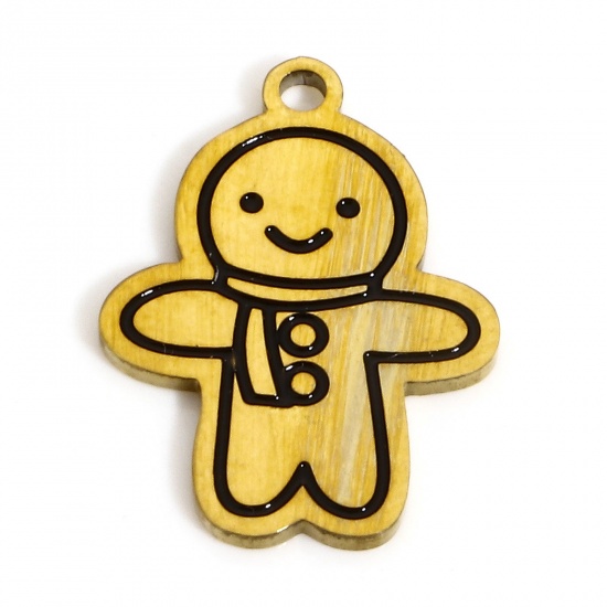 Picture of 1 Piece Eco-friendly Vacuum Plating 304 Stainless Steel Stylish Charms Gold Plated Black Christmas Ginger Bread Man Enamel 16.5mm x 12mm