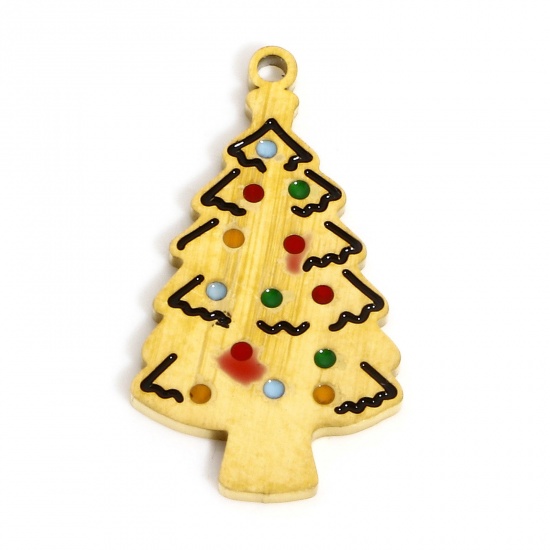 Picture of 1 Piece Eco-friendly Vacuum Plating 304 Stainless Steel Stylish Charms Gold Plated Multicolor Christmas Tree Enamel 20mm x 11mm