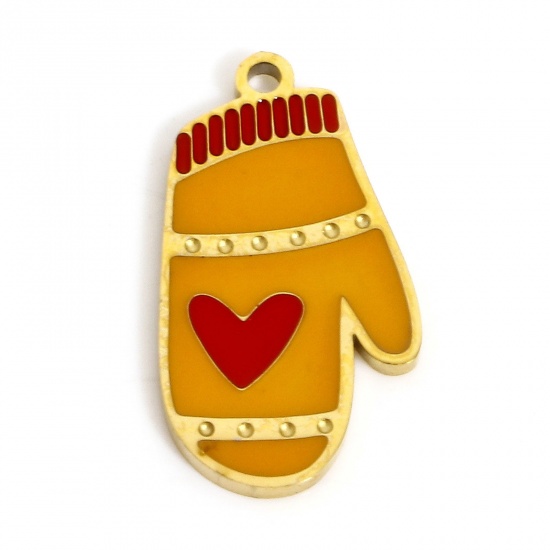 Picture of 1 Piece Eco-friendly Vacuum Plating 304 Stainless Steel Stylish Charms Gold Plated Orange & Red Christmas Gloves Heart Enamel 16.5mm x 9mm