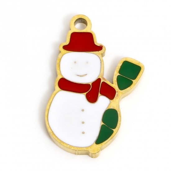 Picture of 1 Piece Eco-friendly Vacuum Plating 304 Stainless Steel Stylish Charms Gold Plated Multicolor Christmas Snowman Enamel 14.5mm x 9mm